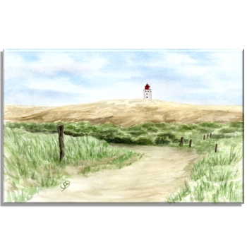 Leinwand 40 x 30 cm Keilrahmen Canvas-Leinen Aquarell Maritim Kunst Druck Kunstdruck Nordsee Dänemark Danmark Leuchtturm Rubjerg Knude Düne Blokhus Lokken Sonnenuntergang
